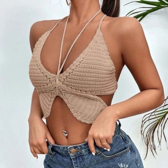 boho Tied Backless Asymmetrical Hem Knit crop Top - Picture 4 of 5